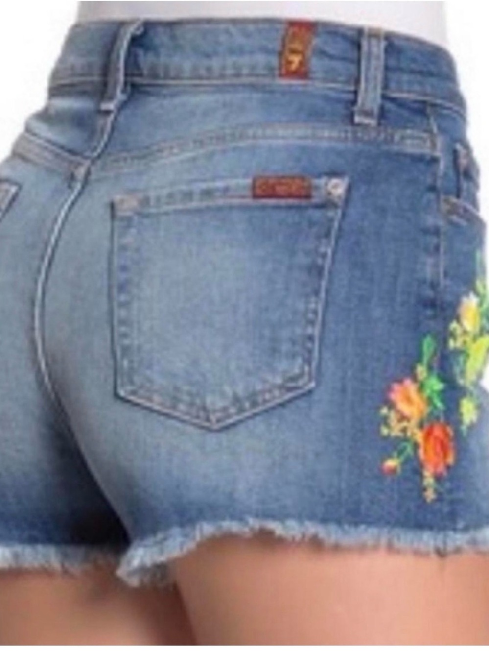 7 For All Mankind Blue Denim Floral Embroidered Cutoff Shorts - Picture 5 of 8